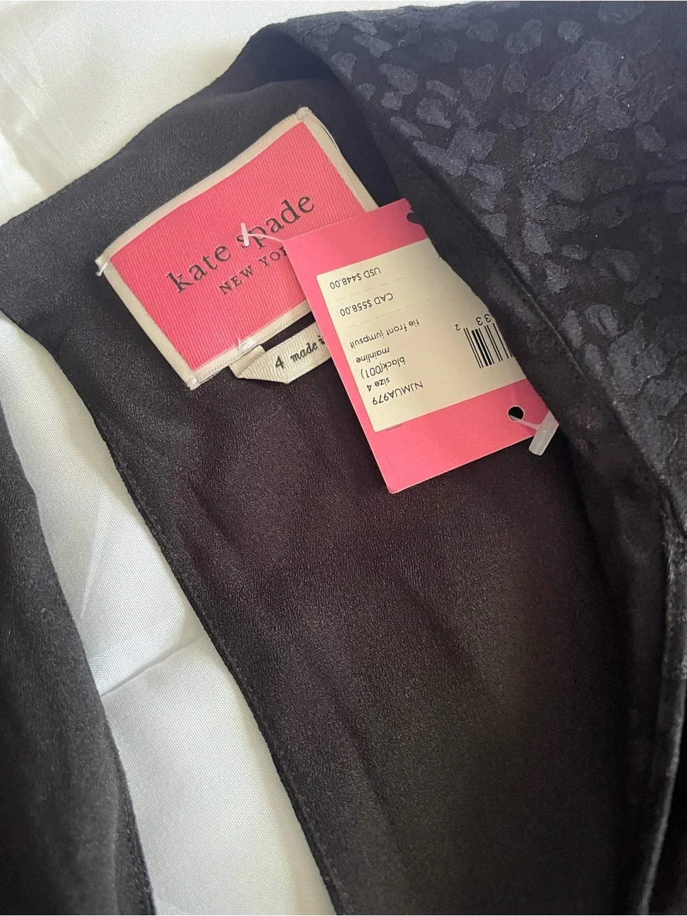 NWT kate spade Black Cropped Jumpsuit with Tie Waist tonal leopard pattern